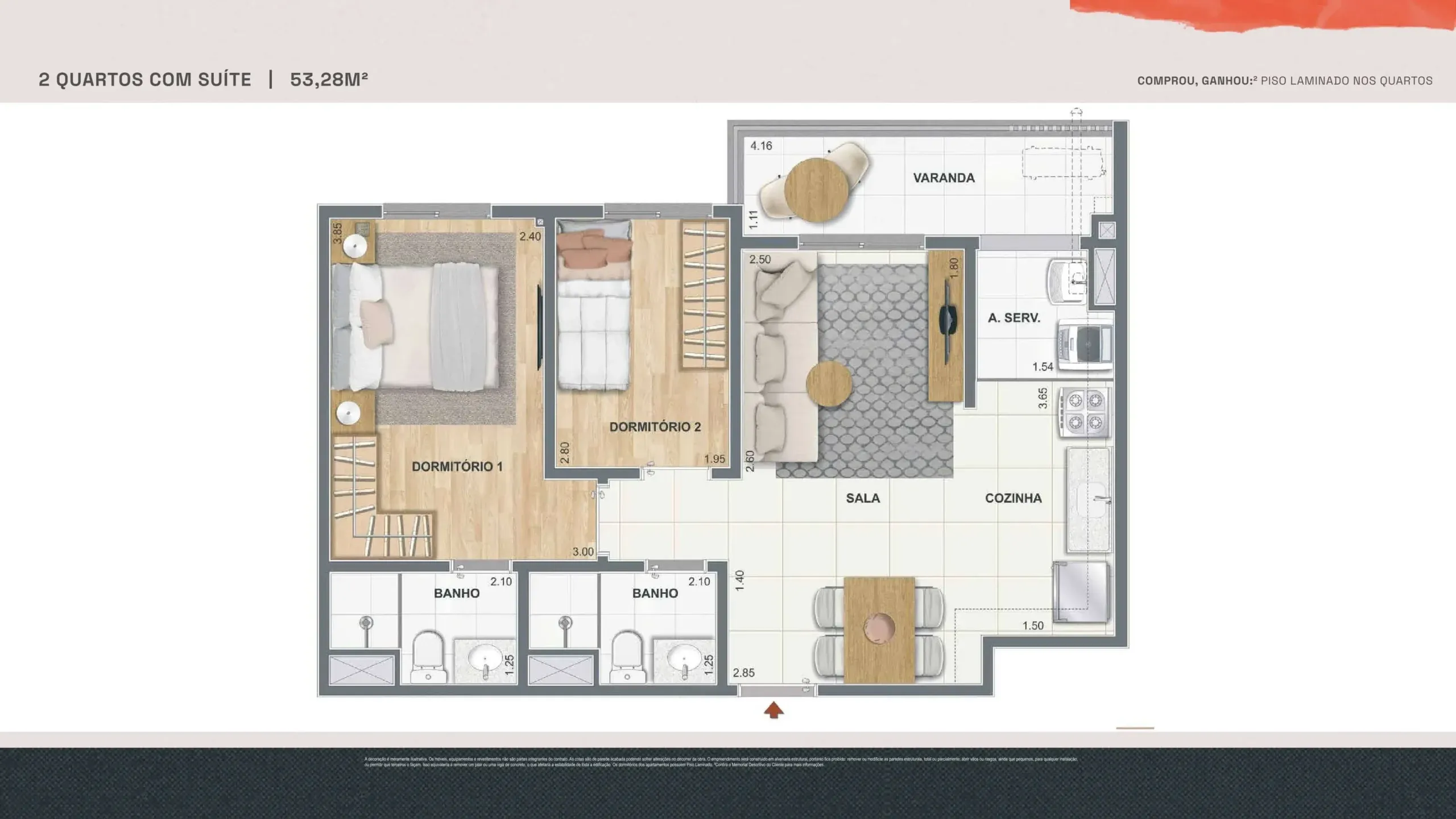 Apartamento 3 quartos c/ suíte — 53,28 m²