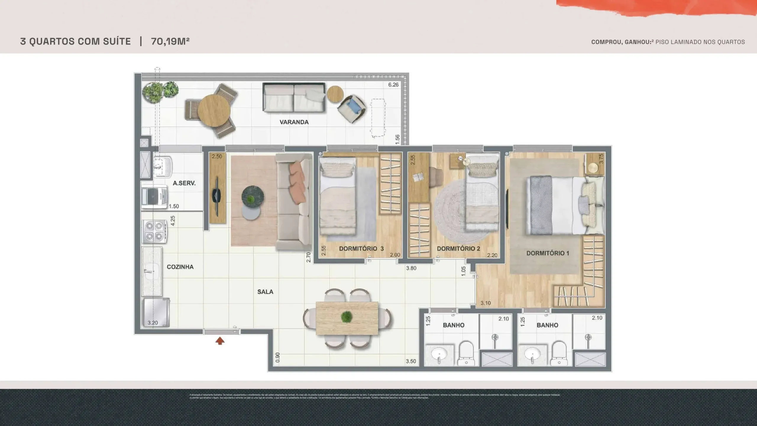 Apartamento 3 quartos c/ suíte — 70,19 m²